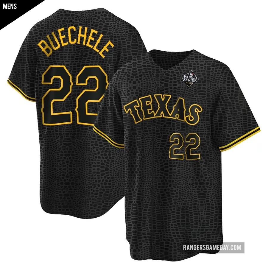 Men's Texas Rangers ＃22 Steve Buechele Replica Black Snake Skin City 2023 World Series Jersey