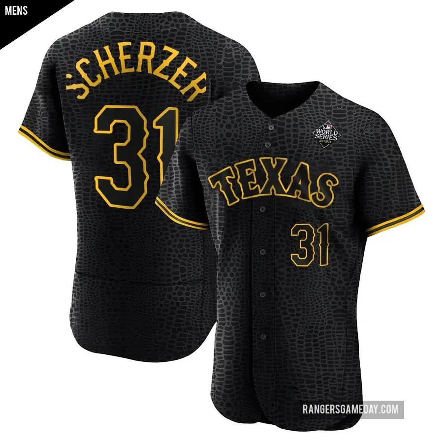 Men's Texas Rangers ＃31 Max Scherzer Authentic Black Snake Skin City 2023 World Series Jersey