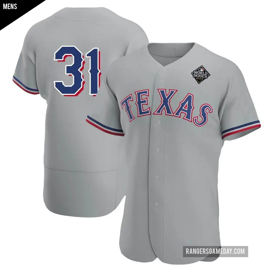 Men's Texas Rangers ＃31 Max Scherzer Authentic Gray Road 2023 World Series Jersey