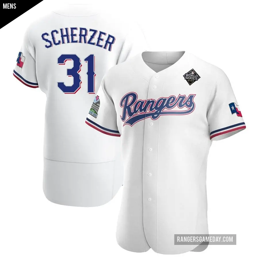 Men's Texas Rangers ＃31 Max Scherzer Authentic White Home 2023 World Series Jersey