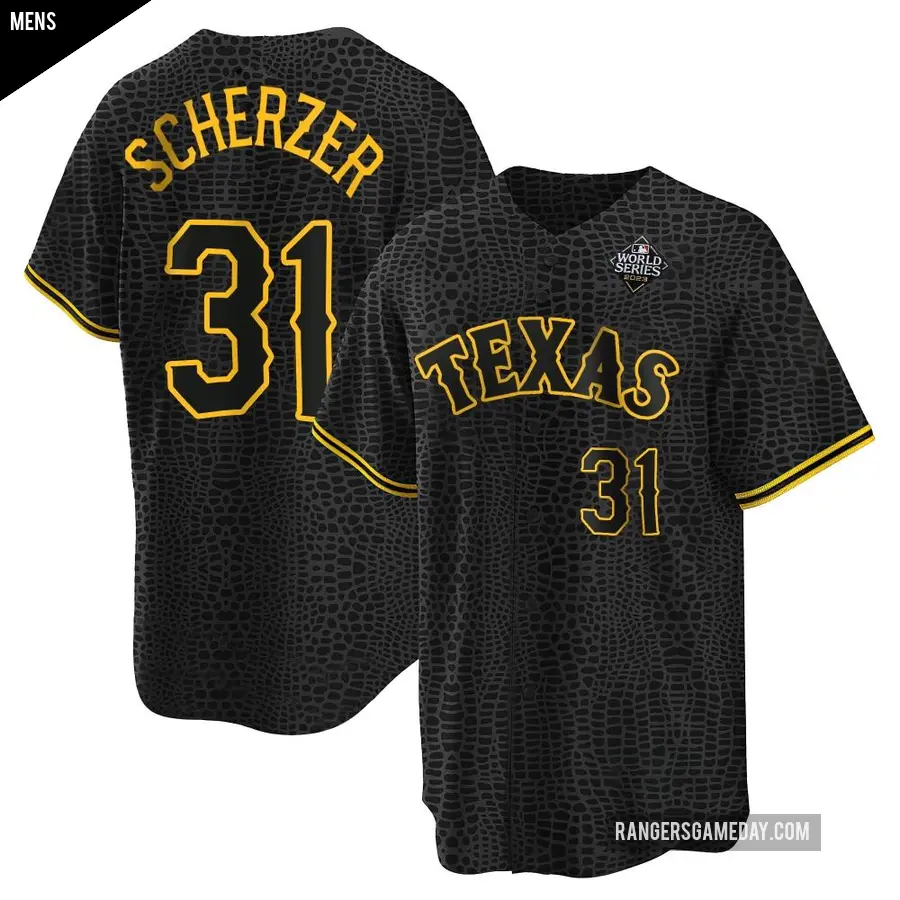 Men's Texas Rangers ＃31 Max Scherzer Replica Black Snake Skin City 2023 World Series Jersey