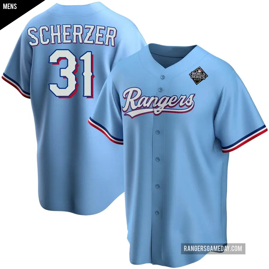 Men's Texas Rangers ＃31 Max Scherzer Replica Light Blue Alternate 2023 World Series Jersey