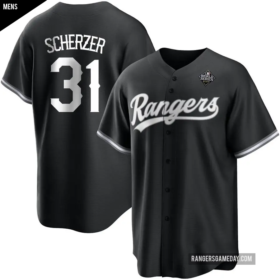 Men's Texas Rangers ＃31 Max Scherzer Replica White Black 2023 World Series Jersey