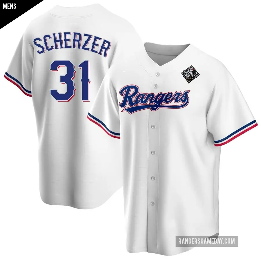 Men's Texas Rangers ＃31 Max Scherzer Replica White Home 2023 World Series Jersey