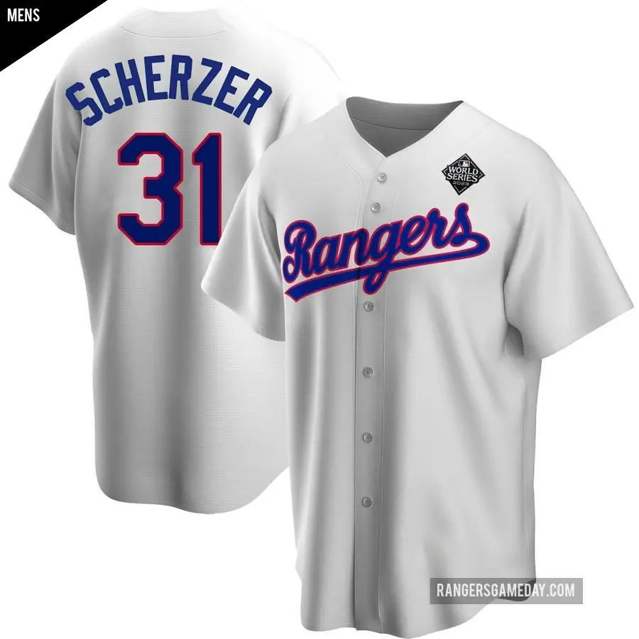 Men's Texas Rangers ＃31 Max Scherzer Replica White Home Cooperstown Collection 2023 World Series Jersey