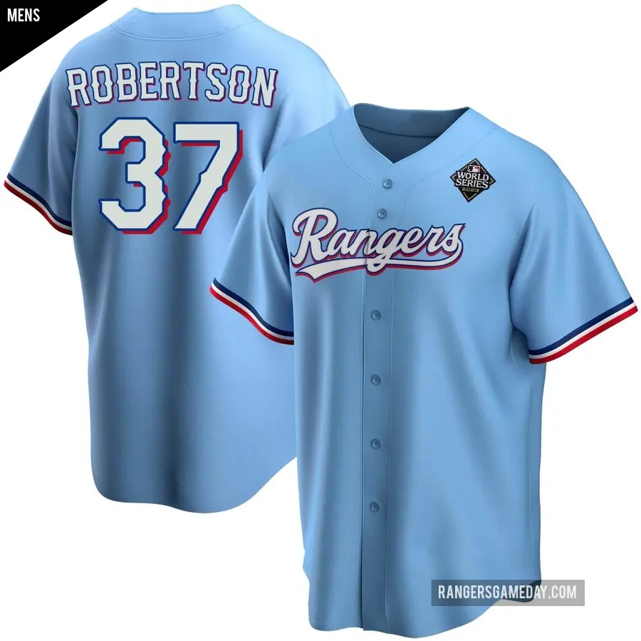 Men's Texas Rangers ＃37 David Robertson Replica Light Blue Alternate 2023 World Series Jersey