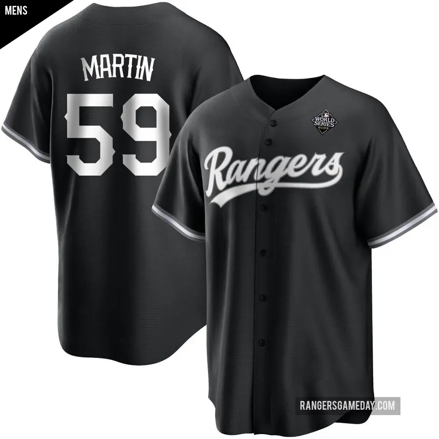 Men's Texas Rangers ＃59 Brett Martin Replica White Black 2023 World Series Jersey