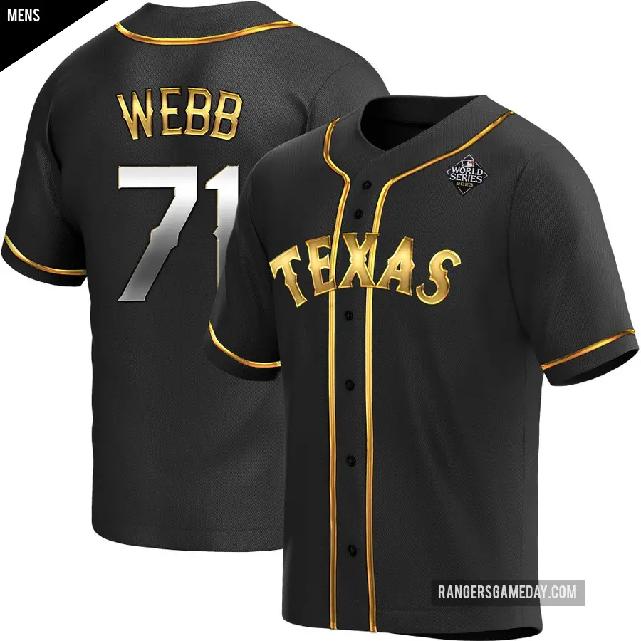 Men's Texas Rangers ＃71 Jacob Webb Replica Gold Black en Alternate 2023 World Series Jersey