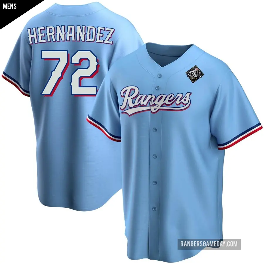 Men's Texas Rangers ＃72 Jonathan Hernandez Replica Light Blue Alternate 2023 World Series Jersey