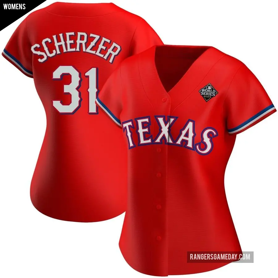 Women's Texas Rangers ＃31 Max Scherzer Authentic Red Alternate 2023 World Series Jersey