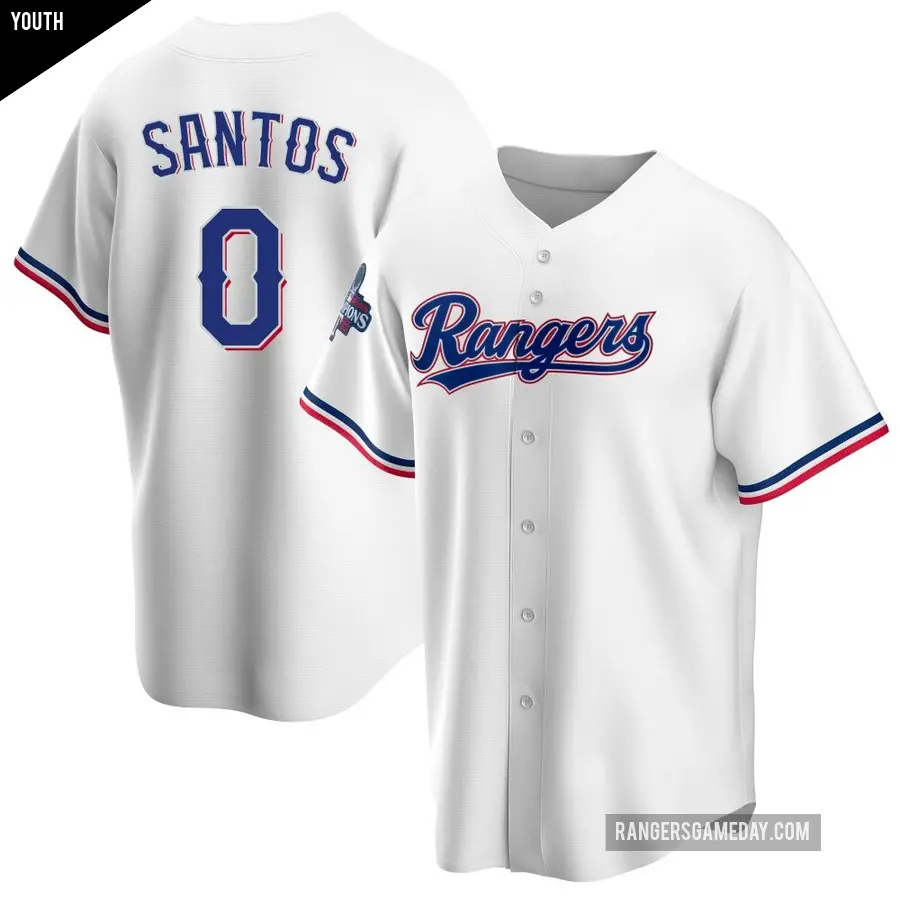 Youth Texas Rangers ＃0 Winston Santos Replica White Home 2023 World Series Champions Jersey