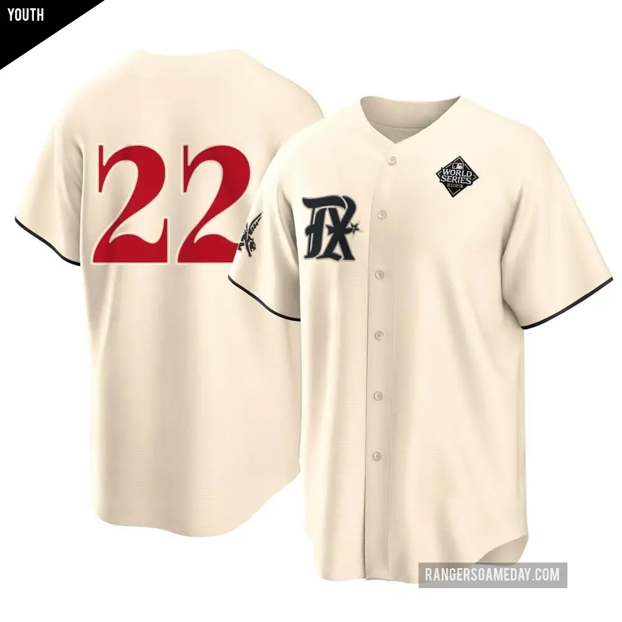 Youth Texas Rangers ＃22 Steve Buechele Replica Cream 2023 City Connect 2023 World Series Jersey