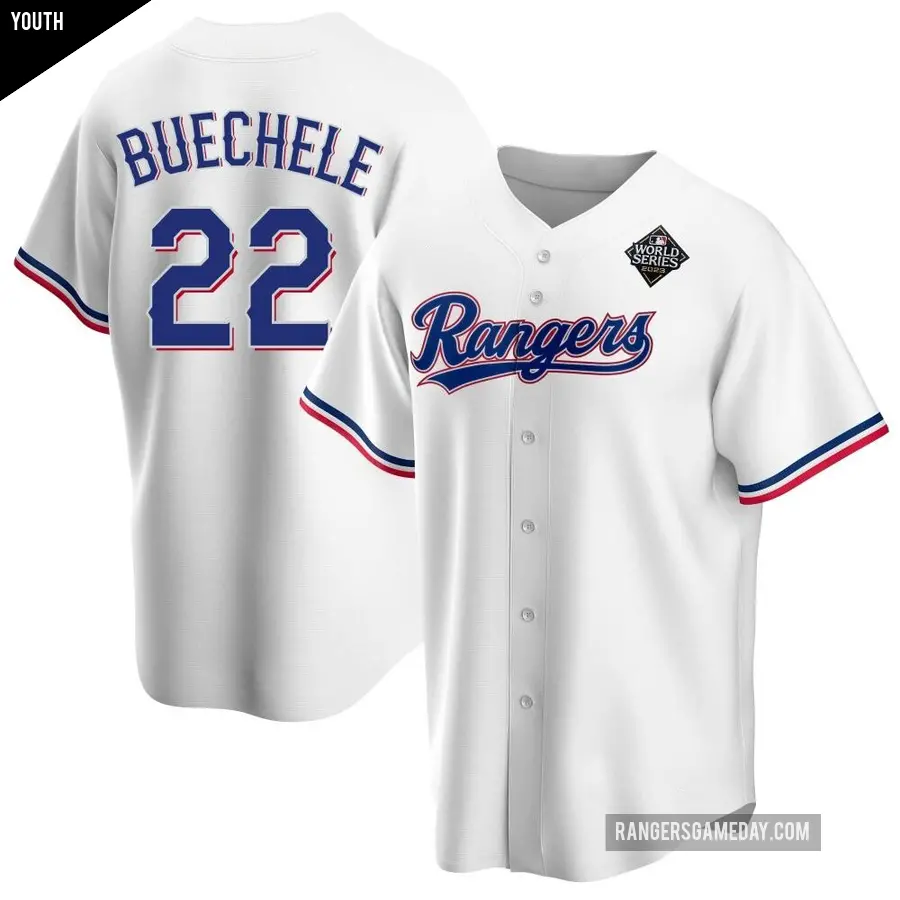 Youth Texas Rangers ＃22 Steve Buechele Replica White Home 2023 World Series Jersey