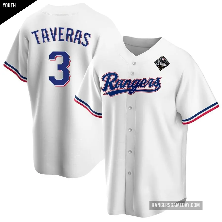 Youth Texas Rangers ＃3 Leody Taveras Replica White Home 2023 World Series Jersey