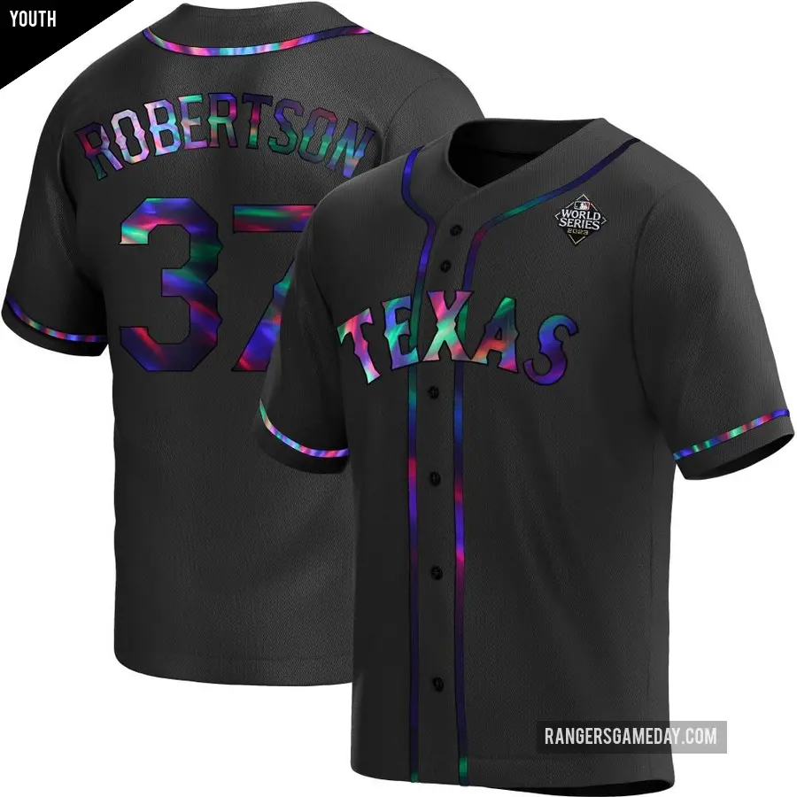 Youth Texas Rangers ＃37 David Robertson Replica Black Holographic Alternate 2023 World Series Jersey