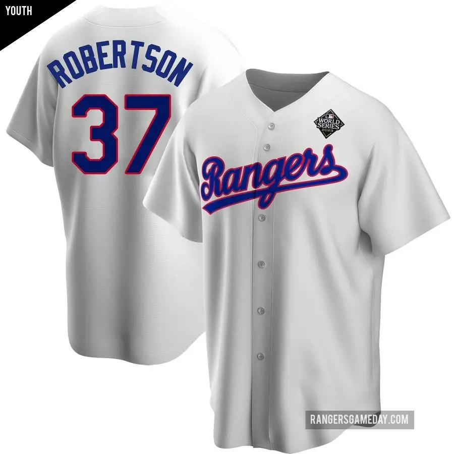 Youth Texas Rangers ＃37 David Robertson Replica White Home Cooperstown Collection 2023 World Series Jersey