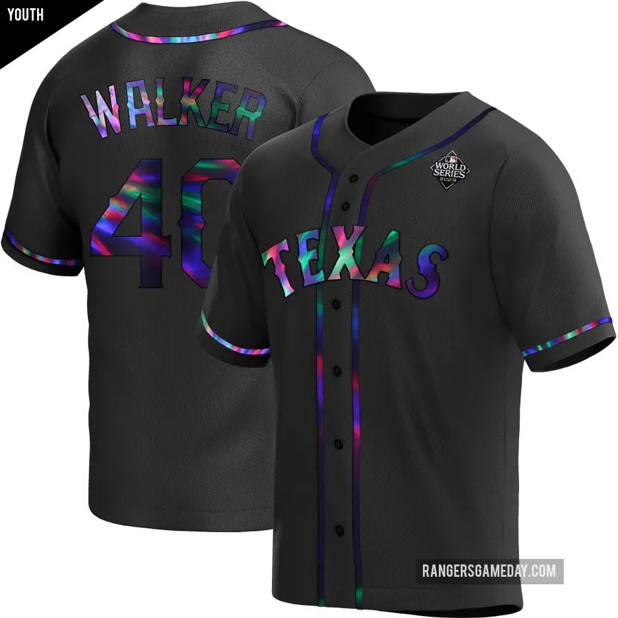 Youth Texas Rangers ＃40 Steele Walker Replica Black Holographic Alternate 2023 World Series Jersey