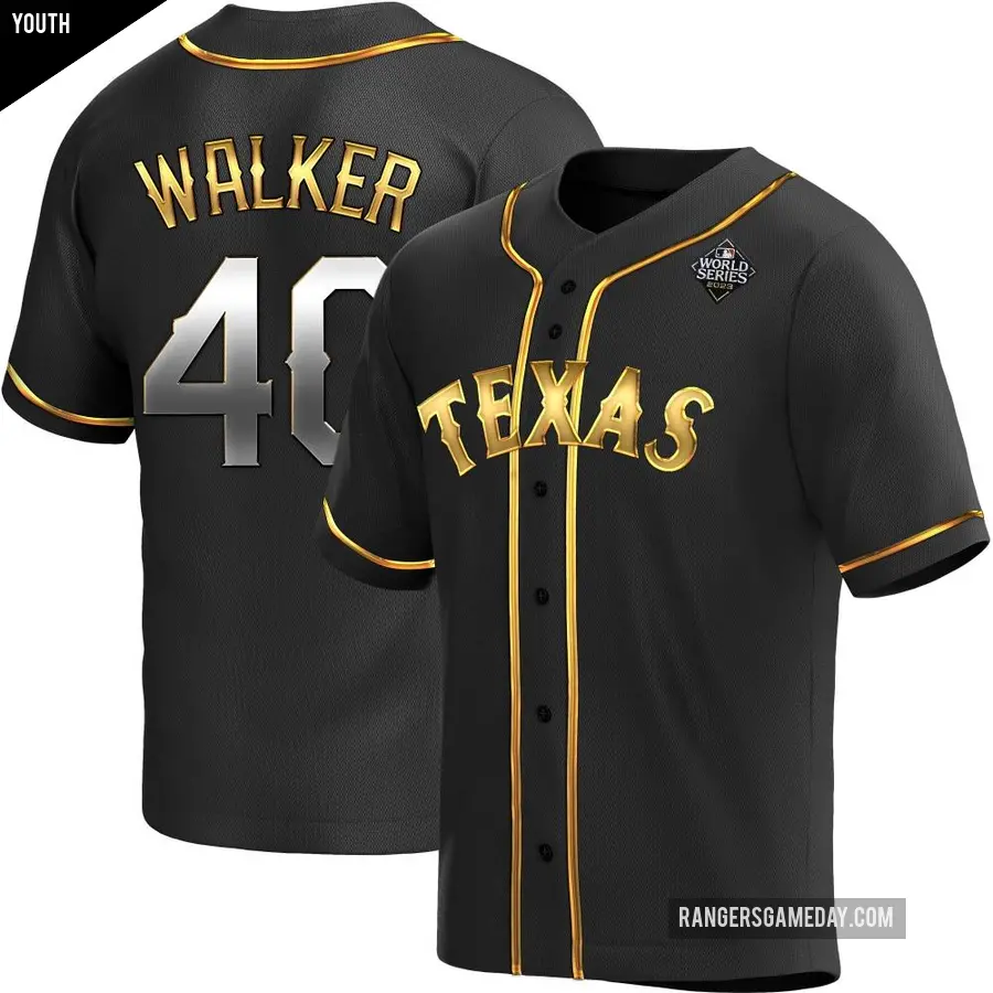 Youth Texas Rangers ＃40 Steele Walker Replica Gold Black en Alternate 2023 World Series Jersey