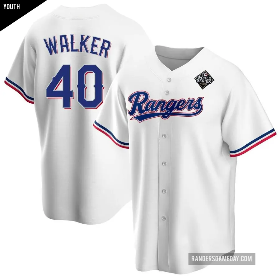 Youth Texas Rangers ＃40 Steele Walker Replica White Home 2023 World Series Jersey