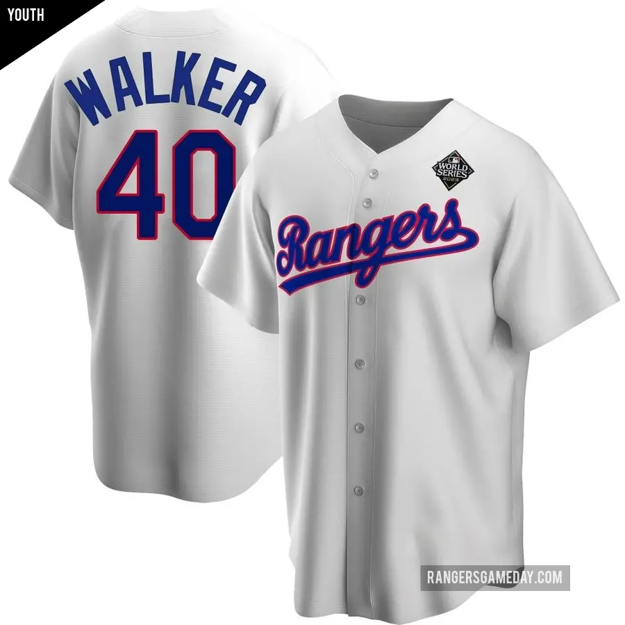 Youth Texas Rangers ＃40 Steele Walker Replica White Home Cooperstown Collection 2023 World Series Jersey