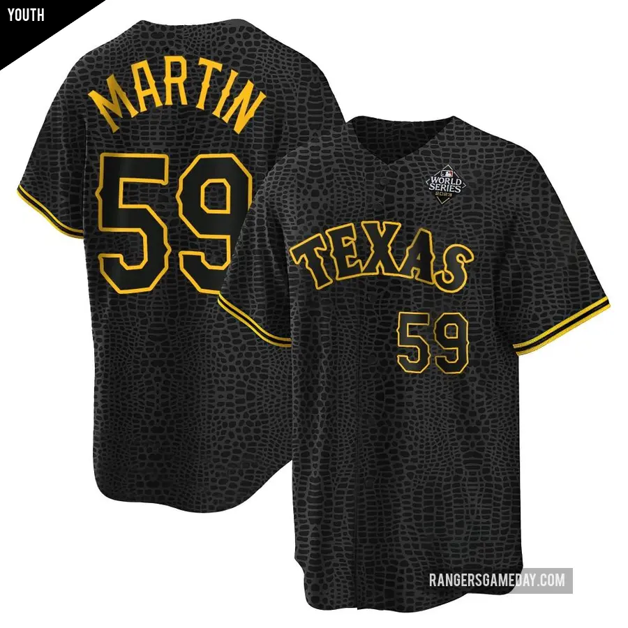 Youth Texas Rangers ＃59 Brett Martin Replica Black Snake Skin City 2023 World Series Jersey