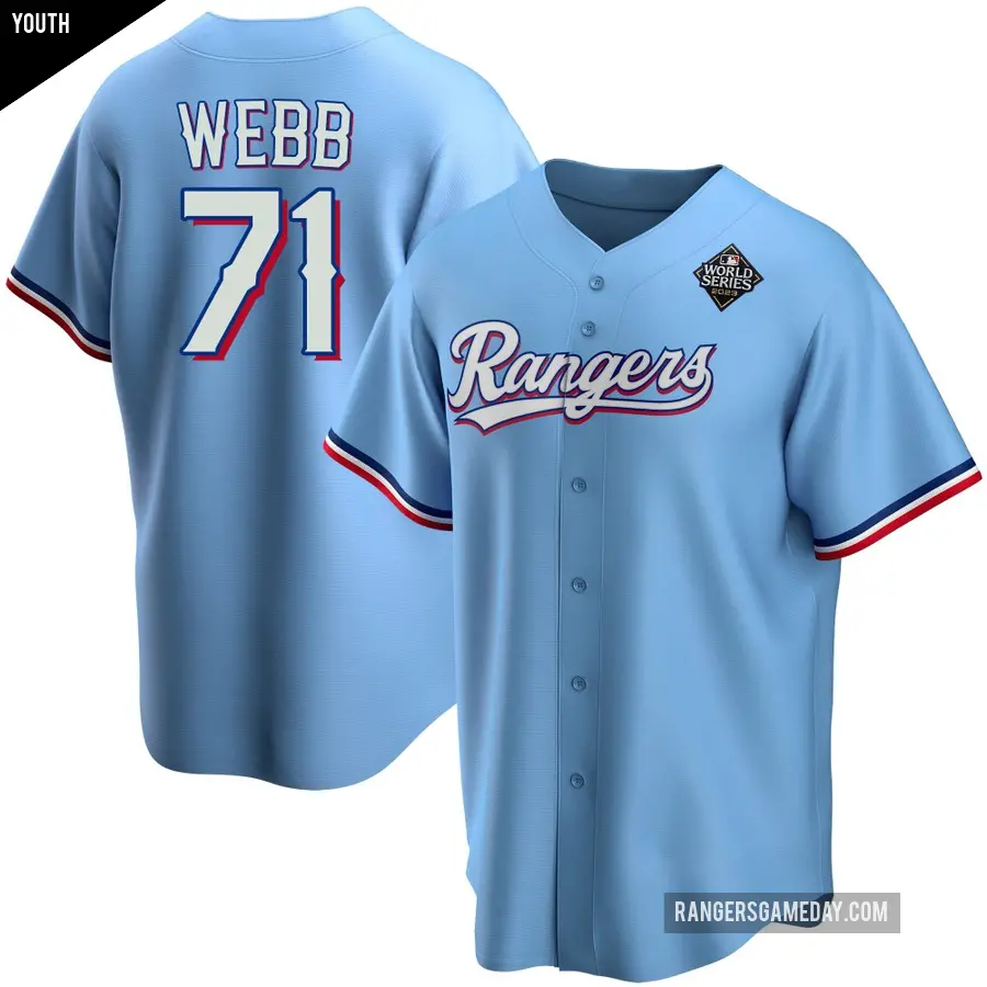 Youth Texas Rangers ＃71 Jacob Webb Replica Light Blue Alternate 2023 World Series Jersey