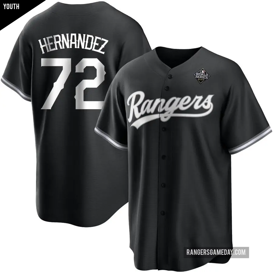 Youth Texas Rangers ＃72 Jonathan Hernandez Replica White Black 2023 World Series Jersey